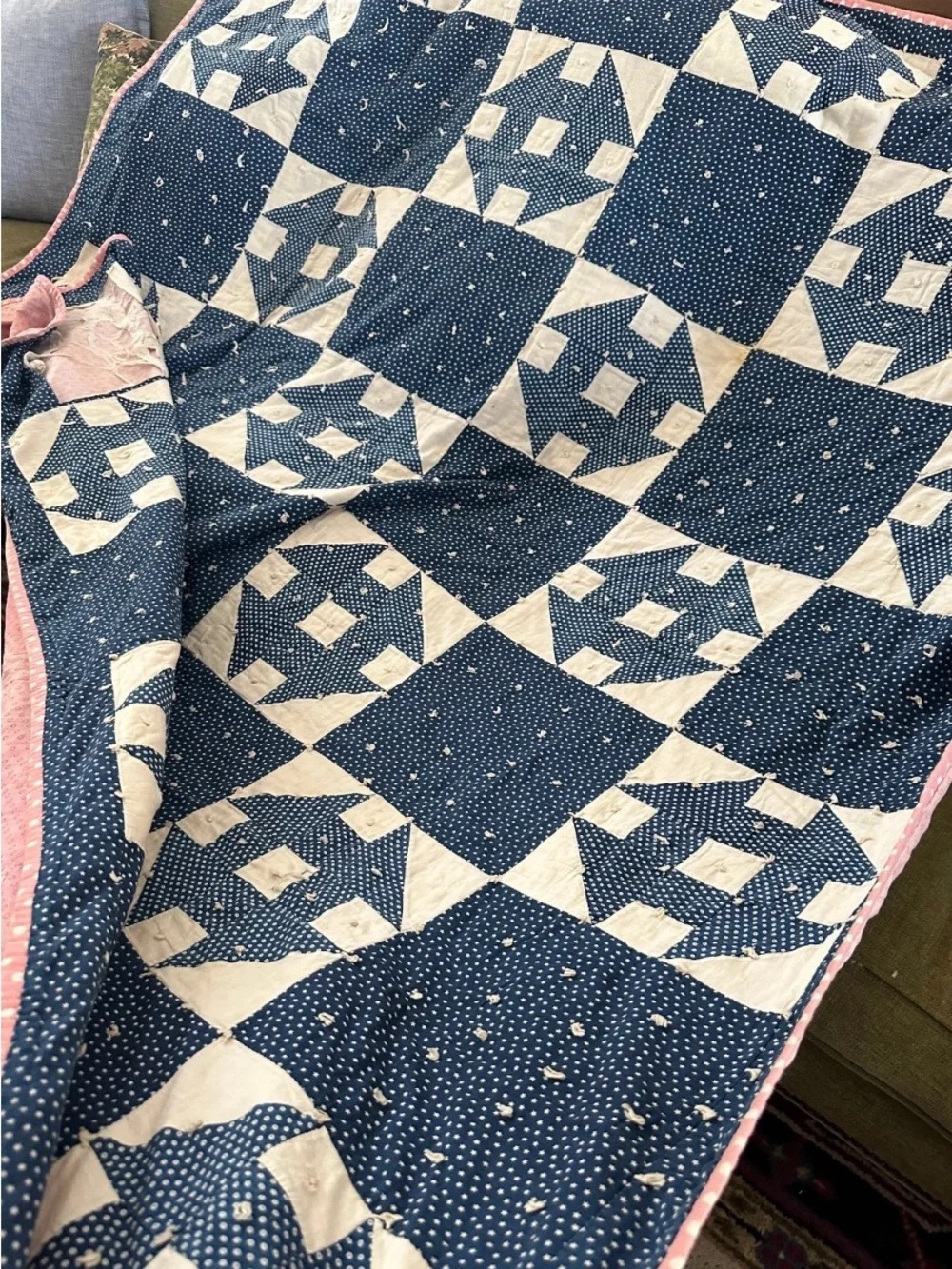 Antique Hole in the Wall Blue and White Patchwork Quilted Blanket